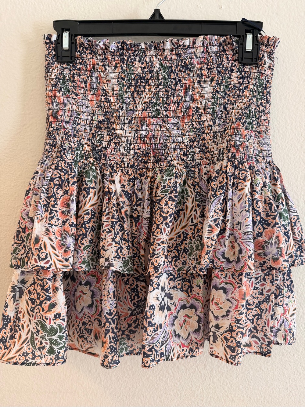 Rebecca Minkoff Navy Floral Smocked Mini Skirt with Peach Accents, Size Small
